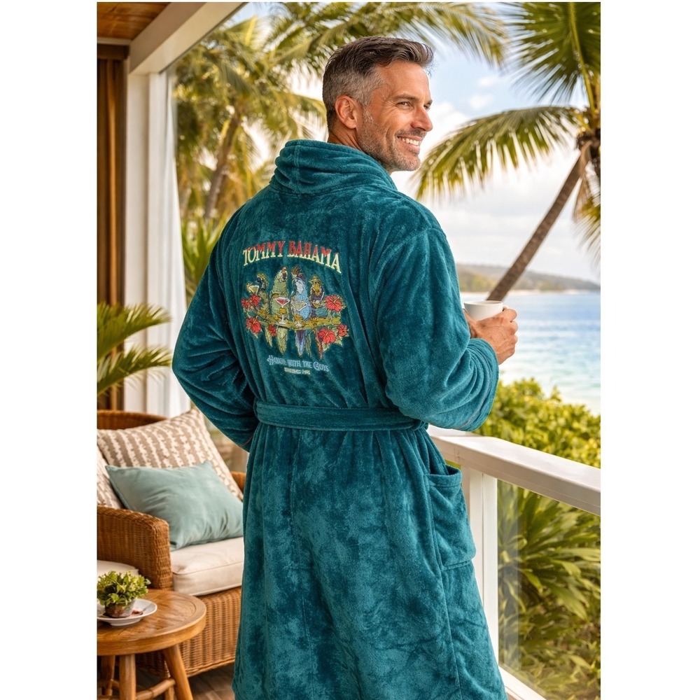 Tommy Bahama Bathrobe‎ L/XL Hangin' With The Guys Macaw Parrot Embroidered Plush